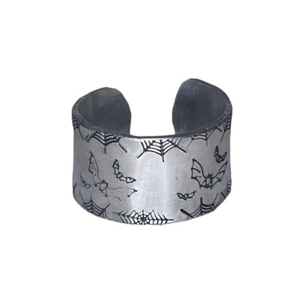 Handmade 9 stamped‎ bats & spiderwebs silver Hypoallergenic adjustable cuff ring